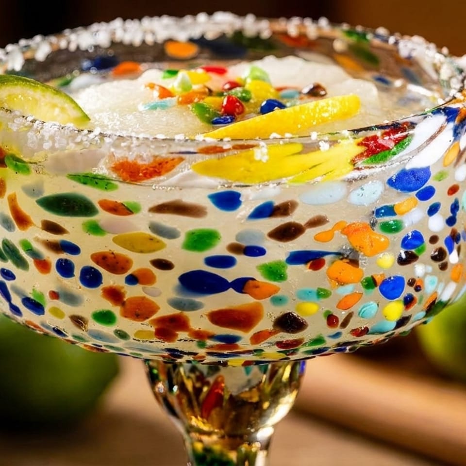 A vibrant margarita in a colorful glass, garnished with a lime wedge and salt rim.