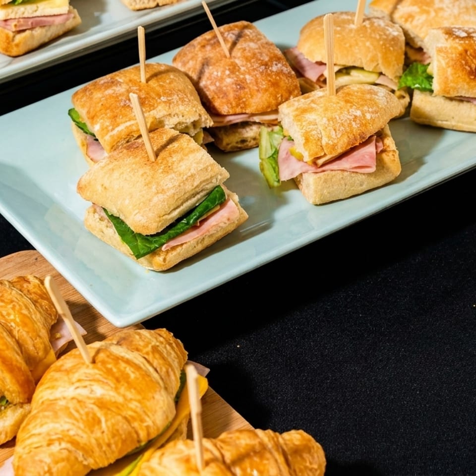 Mini ciabatta and croissant sandwiches with ham, cheese, and lettuce on serving platters.