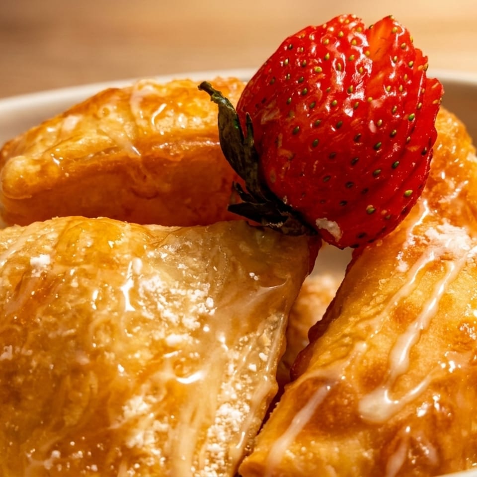 Golden-brown pastries drizzled with white icing and powdered sugar, garnished with a fresh strawberry.
