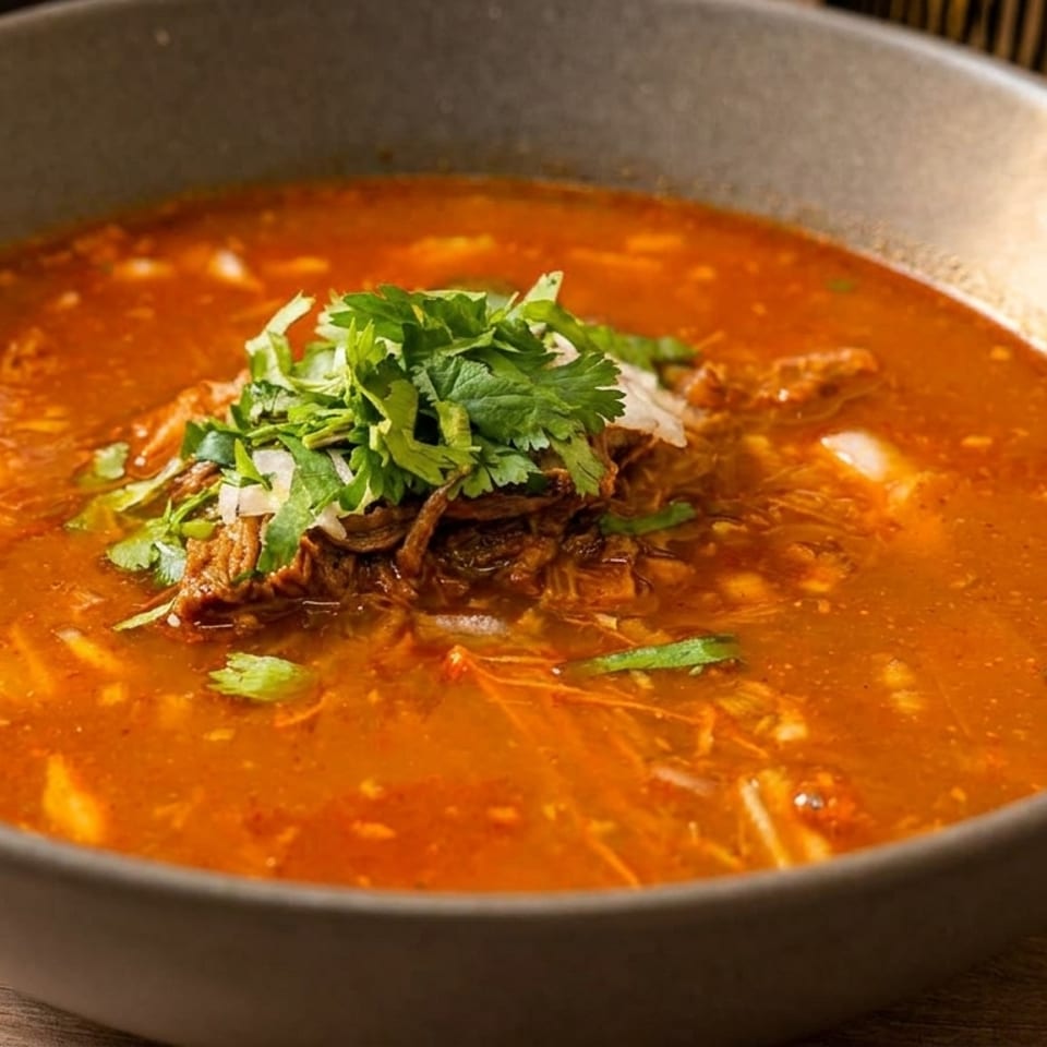 A bowl of birria soup with cilantro and onions, served with a lime wedge.