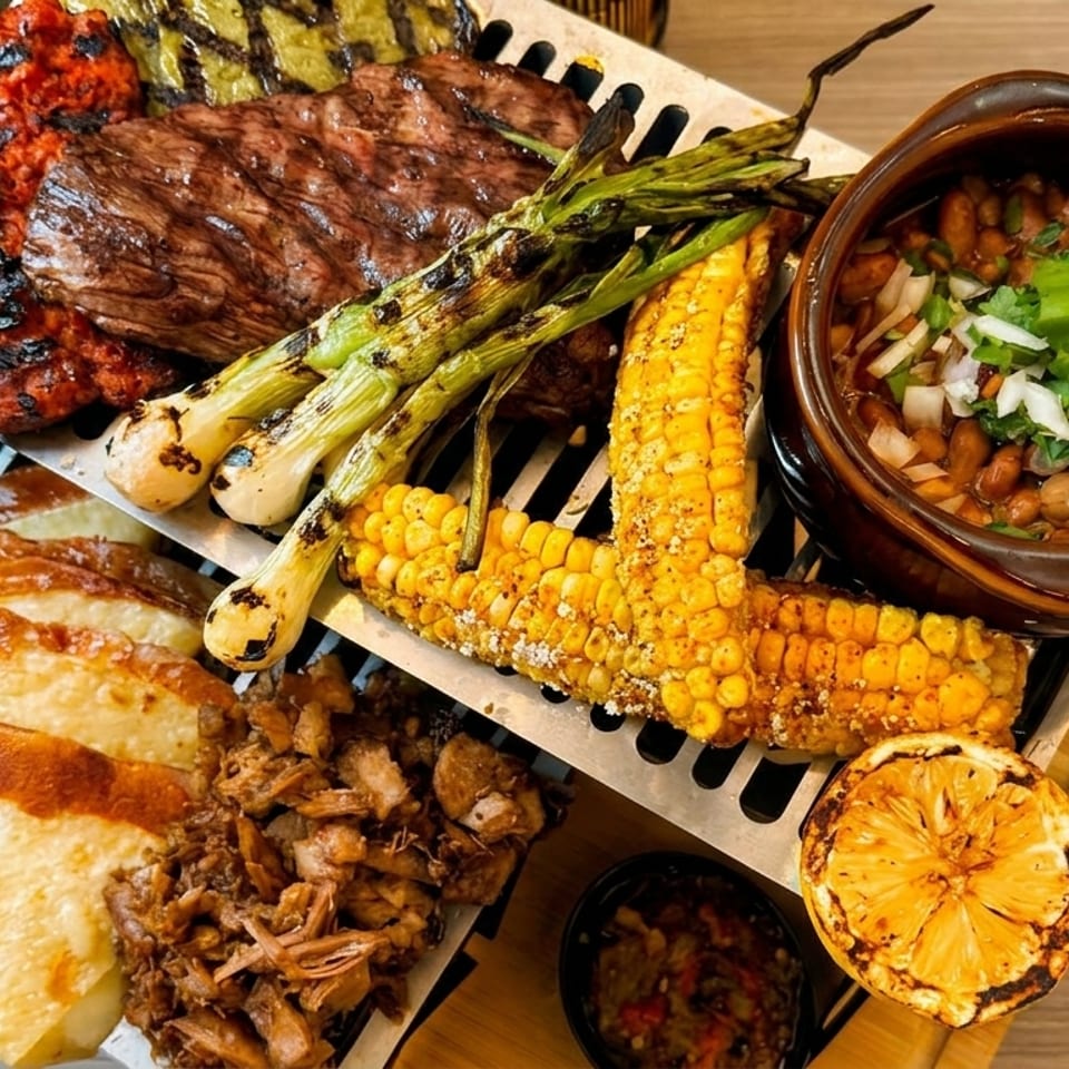 Grilled meat, corn, green onions, and beans with tortillas and pulled pork on a wooden board.