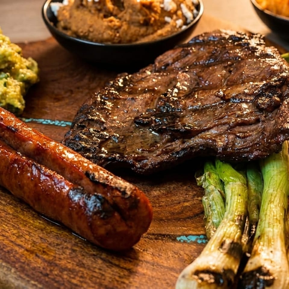 Grilled steak, sausage, green onions, guacamole, and lime on a wooden board.