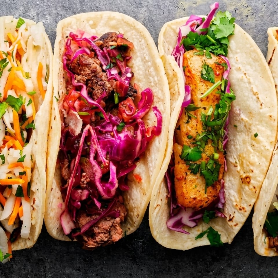 Four colorful tacos with various fillings, including meat, fish, and vegetables, on a dark surface.