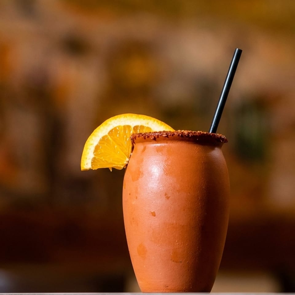 A terracotta jar with a drink, garnished with an orange slice and chili-lime rim.