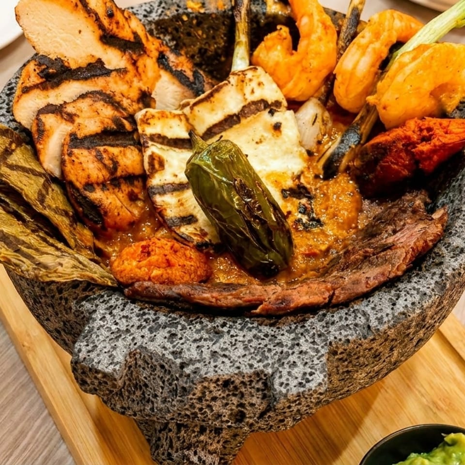 Grilled chicken, shrimp, steak, cheese, and vegetables in a stone molcajete.