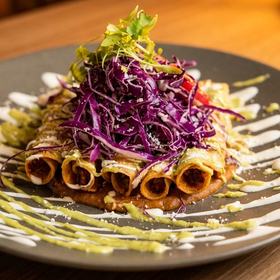 Crispy taquitos topped with shredded purple cabbage, microgreens, and a drizzle of green and white sauces.