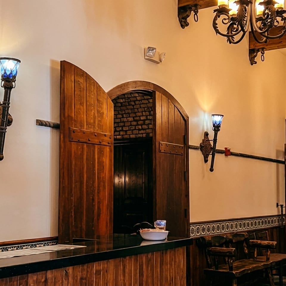 Restaurant interior with a wooden reception counter, arched doorways, ornate chandeliers, and wall sconces.