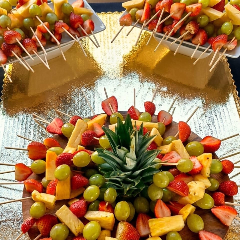 A vibrant fruit platter with pineapple, strawberries, and green grapes on skewers, centered with a pineapple top.